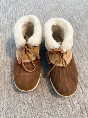Sperry Brown and Cream Suede Faux-Fur Moccasins